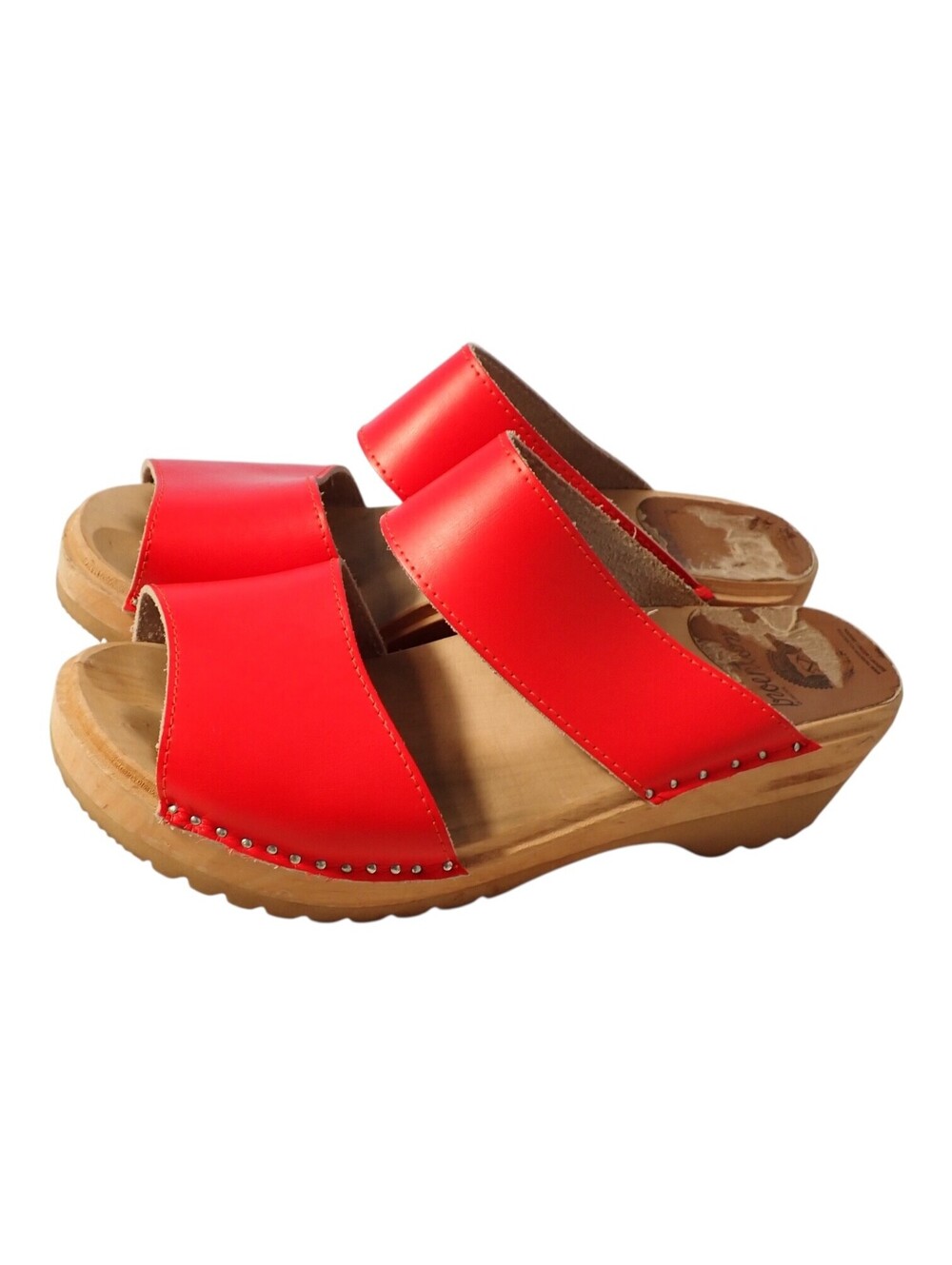 Troentorp Karin 41 10.5 11 Red Leather Slide Sandals Wooden Clogs Toffelfabriek